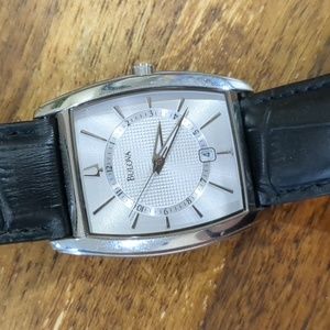 BULOVA Stainless Steel Silver Watch with Black Leather Band C877635